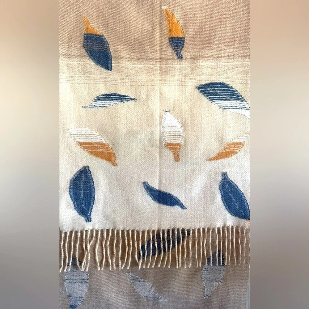 J Jill Scarf Blue Gold Leaves Natural Colored Gradient Background NWOT